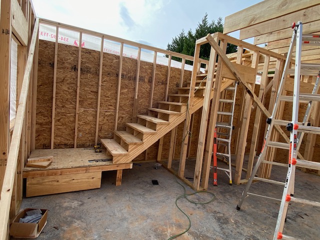 Interior stud framing with a built staircase